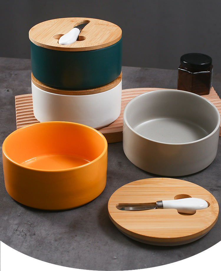 White Nordic Ceramic Butter Dish with Knife - Airtight Cheese Container with Bamboo Lid, Kitchen Storage V888-ELOSUNG25277