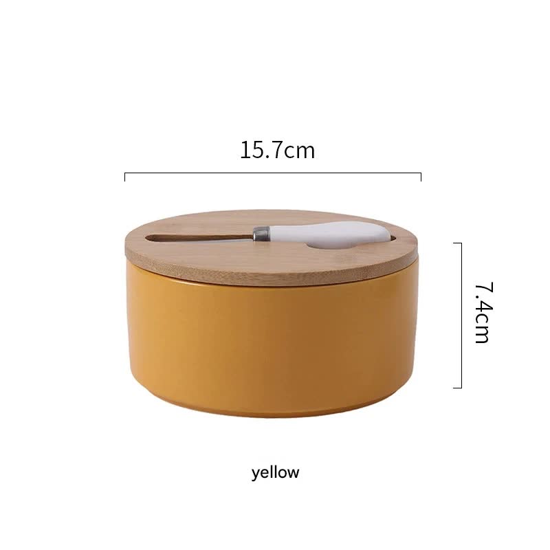 Yellow Nordic Ceramic Butter Dish with Knife - Airtight Cheese Container with Bamboo Lid, Kitchen Storage V888-ELOSUNG25278