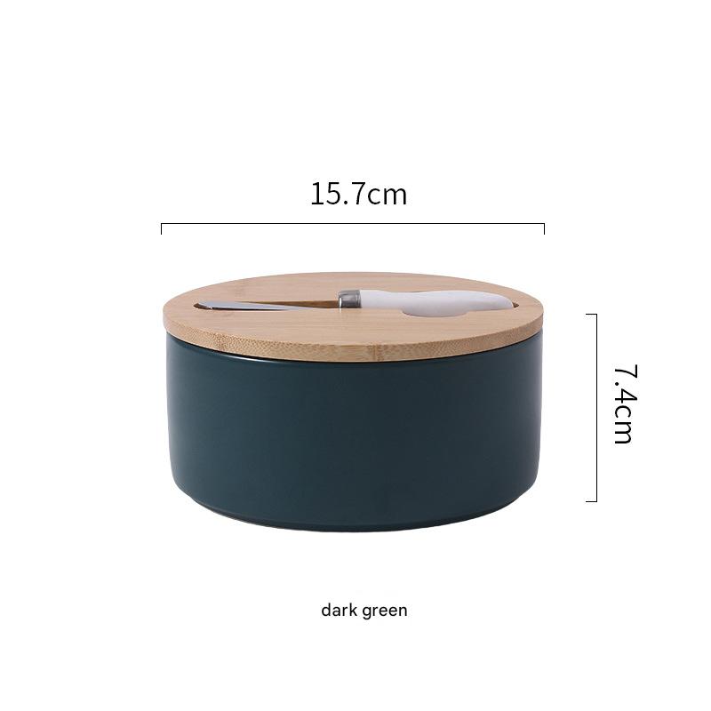 Green Nordic Ceramic Butter Dish with Knife - Airtight Cheese Container with Bamboo Lid, Kitchen Storage V888-ELOSUNG25279