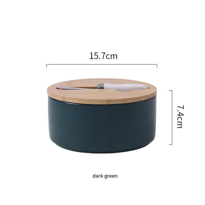 Green Nordic Ceramic Butter Dish with Knife - Airtight Cheese Container with Bamboo Lid, Kitchen Storage V888-ELOSUNG25279