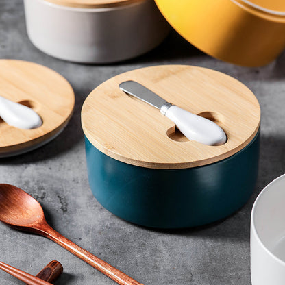 Green Nordic Ceramic Butter Dish with Knife - Airtight Cheese Container with Bamboo Lid, Kitchen Storage V888-ELOSUNG25279