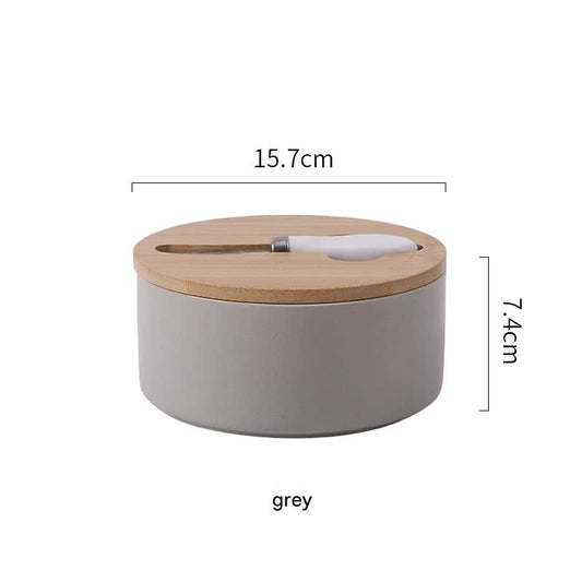 Gray Nordic Ceramic Butter Dish with Knife - Airtight Cheese Container with Bamboo Lid, Kitchen Storage V888-ELOSUNG25280