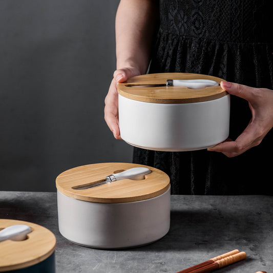 Gray Nordic Ceramic Butter Dish with Knife - Airtight Cheese Container with Bamboo Lid, Kitchen Storage V888-ELOSUNG25280