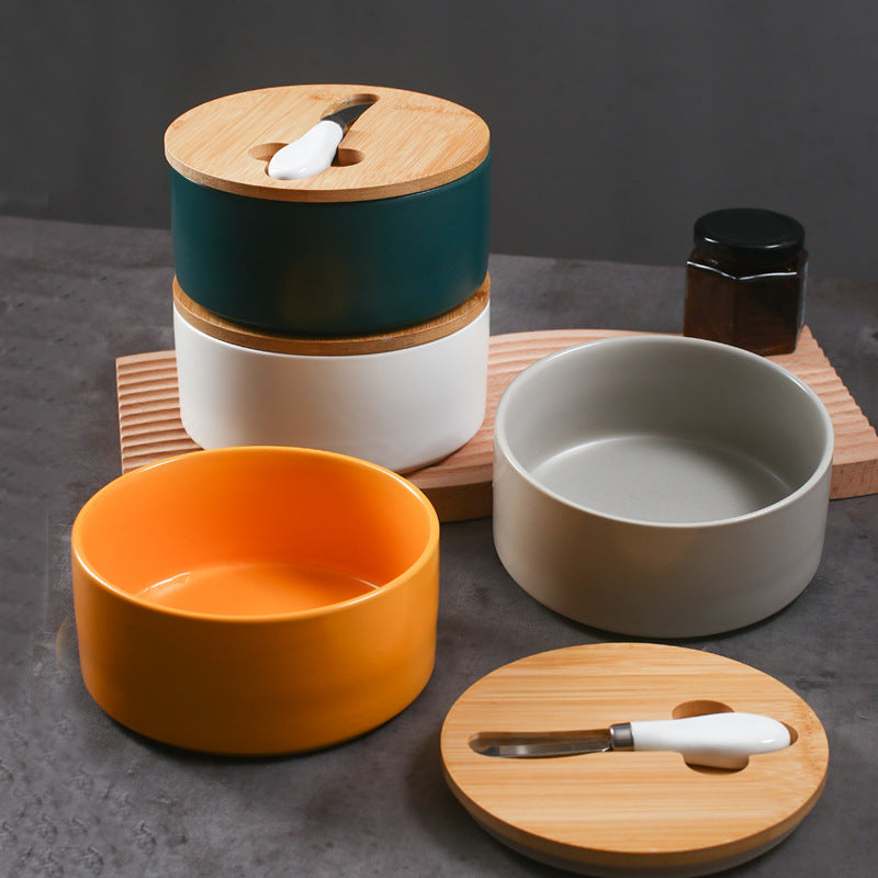 Gray Nordic Ceramic Butter Dish with Knife - Airtight Cheese Container with Bamboo Lid, Kitchen Storage V888-ELOSUNG25280