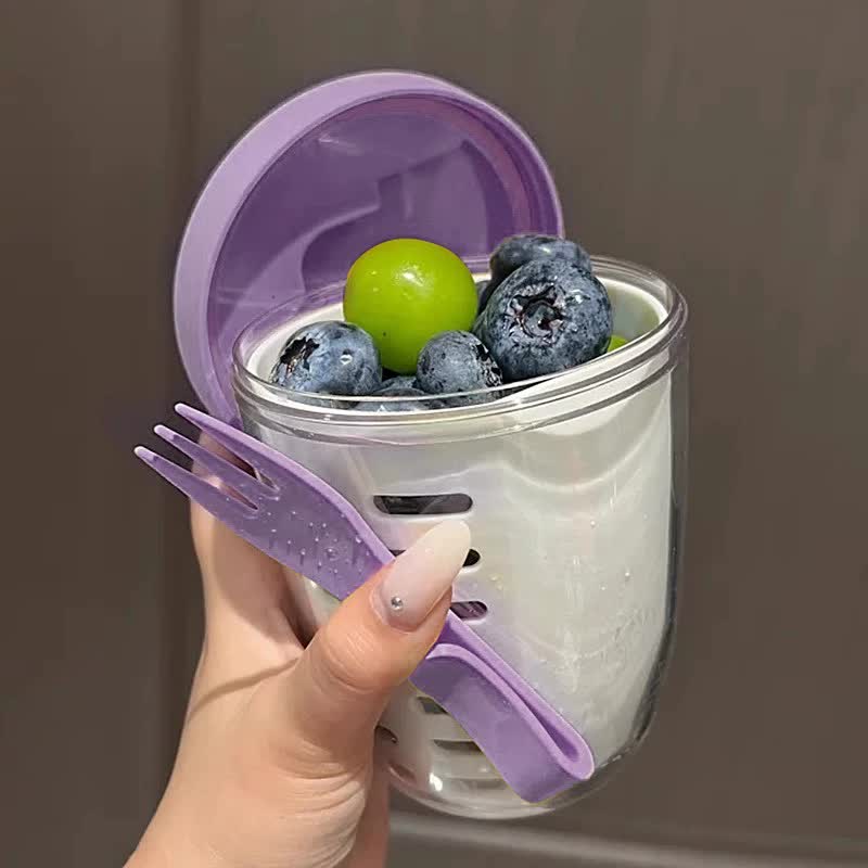 Purple Double Layer Salad Cup with Fork - Leak-proof Fruit Container, Drain Design, Portable Oatmeal and V888-ELOSUNG25289