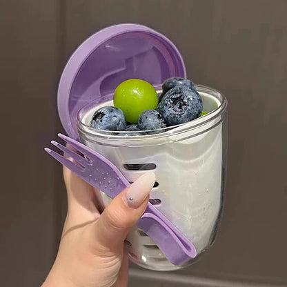 Purple Double Layer Salad Cup with Fork - Leak-proof Fruit Container, Drain Design, Portable Oatmeal and V888-ELOSUNG25289