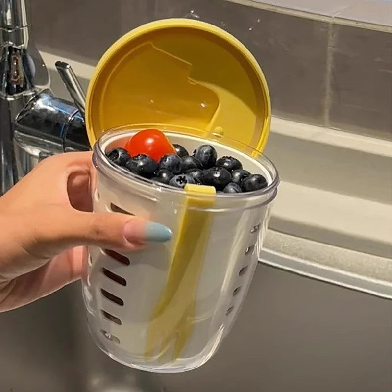Yellow Double Layer Salad Cup with Fork - Leak-proof Fruit Container, Drain Design, Portable Oatmeal and V888-ELOSUNG25290
