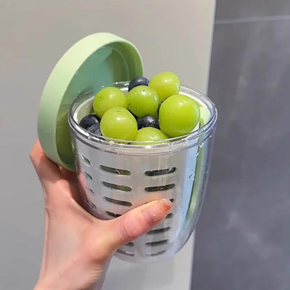 Green Double Layer Salad Cup with Fork - Leak-proof Fruit Container, Drain Design, Portable Oatmeal and V888-ELOSUNG25291