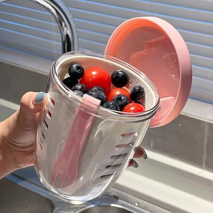 Pink Double Layer Salad Cup with Fork - Leak-proof Fruit Container, Drain Design, Portable Oatmeal and Picnic V888-ELOSUNG25292