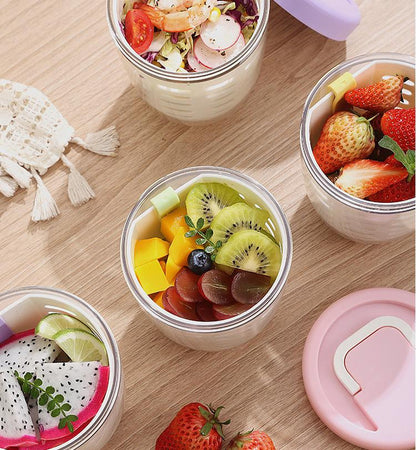 Pink Double Layer Salad Cup with Fork - Leak-proof Fruit Container, Drain Design, Portable Oatmeal and Picnic V888-ELOSUNG25292