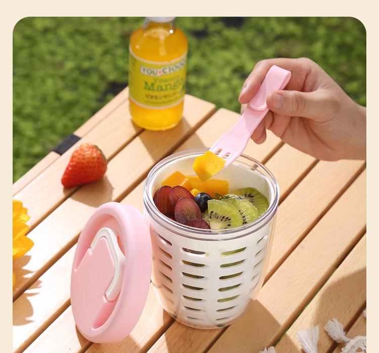 Pink Double Layer Salad Cup with Fork - Leak-proof Fruit Container, Drain Design, Portable Oatmeal and Picnic V888-ELOSUNG25292