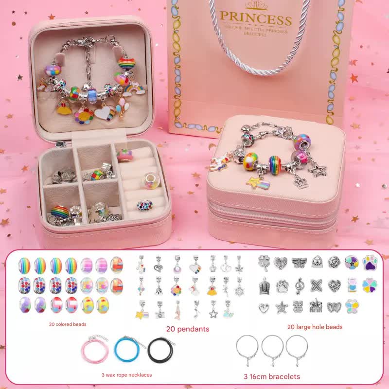 Pink Kids DIY Beaded Bracelet Set - Creative Jewelry Making Kit with Princess Gift Box and Display Stand V888-ELOSUNG25302