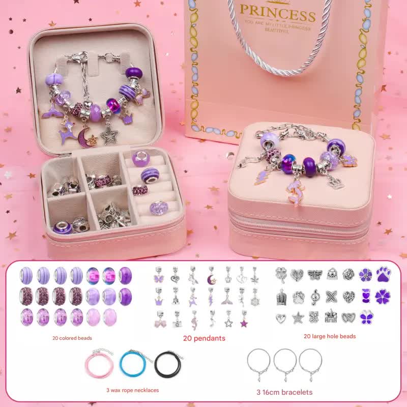Purple Kids DIY Beaded Bracelet Set - Creative Jewelry Making Kit with Princess Gift Box and Display Stand V888-ELOSUNG25303
