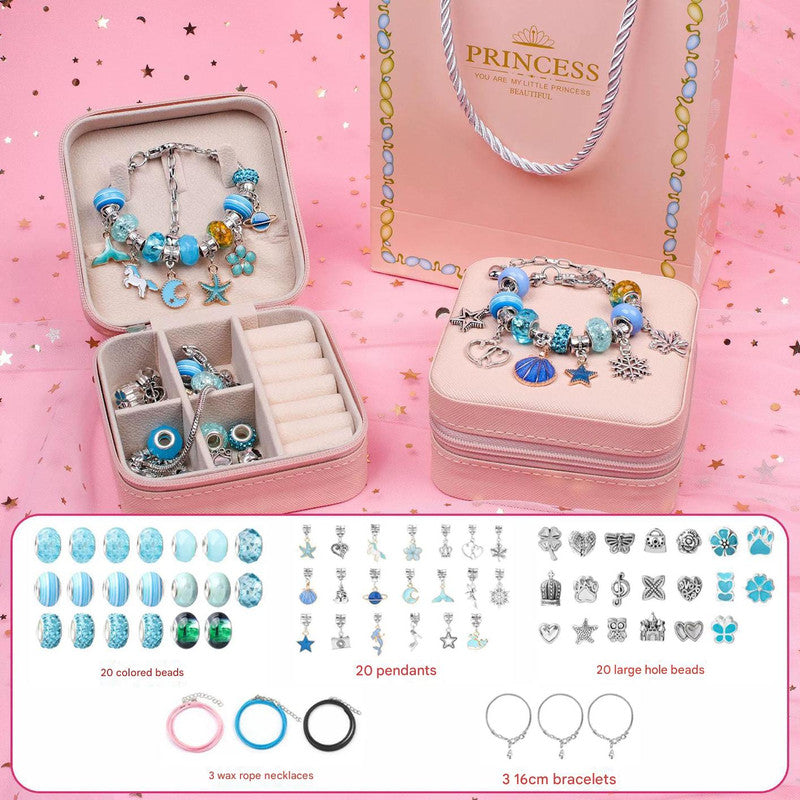 Blue Kids DIY Beaded Bracelet Set - Creative Jewelry Making Kit with Princess Gift Box and Display Stand V888-ELOSUNG25304