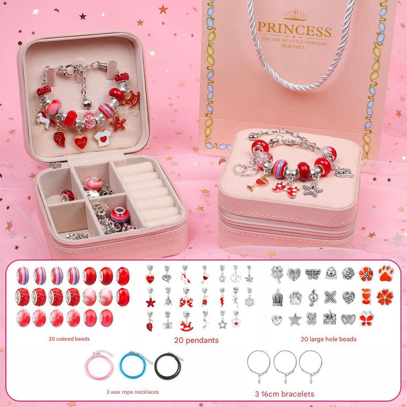 Red Kids DIY Beaded Bracelet Set - Creative Jewelry Making Kit with Princess Gift Box and Display Stand V888-ELOSUNG25305