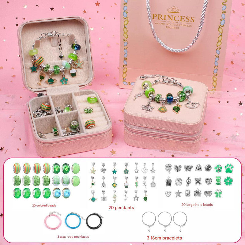 Green Kids DIY Beaded Bracelet Set - Creative Jewelry Making Kit with Princess Gift Box and Display Stand V888-ELOSUNG25306