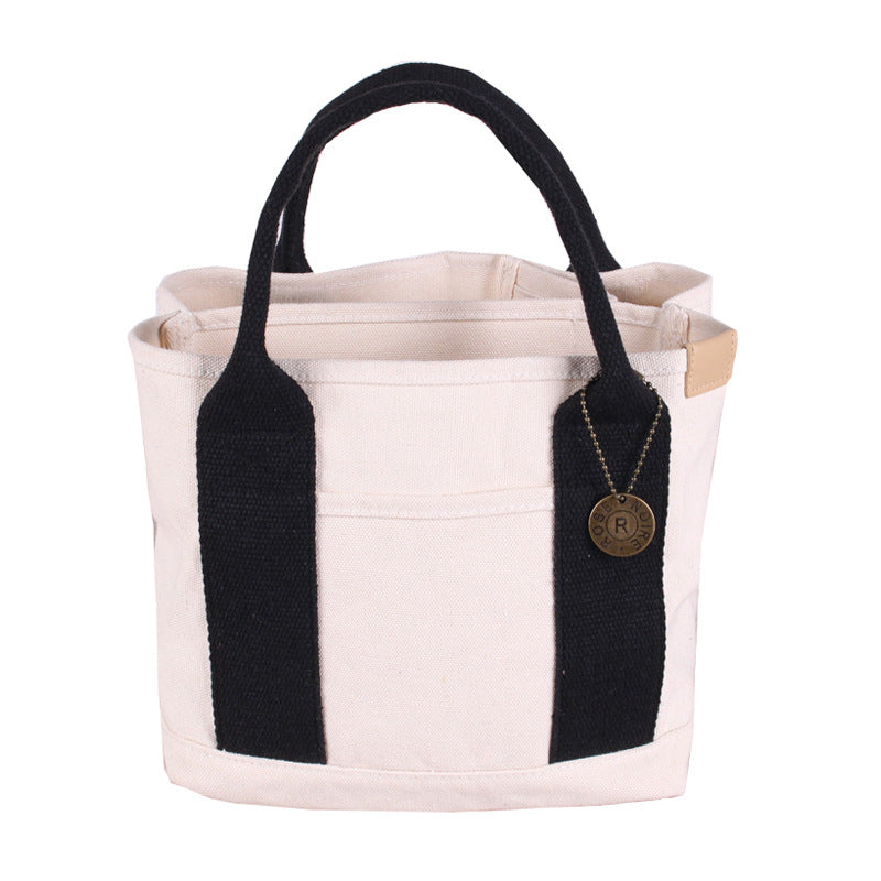 White with black Canvas Lunch Tote Bag - Stylish Handbag with Multiple Compartments for Women V888-ELOSUNG25317