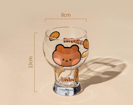 Mini Cartoon Glass Tumbler 400ml,Cute Beer and Juice Cup for Cold Drinks(Brown bear) V888-ELOSUNG25354