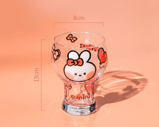 Mini Cartoon Glass Tumbler 400ml,Cute Beer and Juice Cup for Cold Drinks(White rabbit) V888-ELOSUNG25355