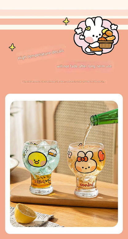 Mini Cartoon Glass Tumbler 400ml,Cute Beer and Juice Cup for Cold Drinks(White rabbit) V888-ELOSUNG25355