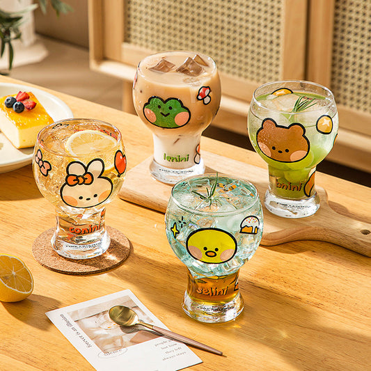 Mini Cartoon Glass Tumbler 400ml,Cute Beer and Juice Cup for Cold Drinks(Green frog) V888-ELOSUNG25357