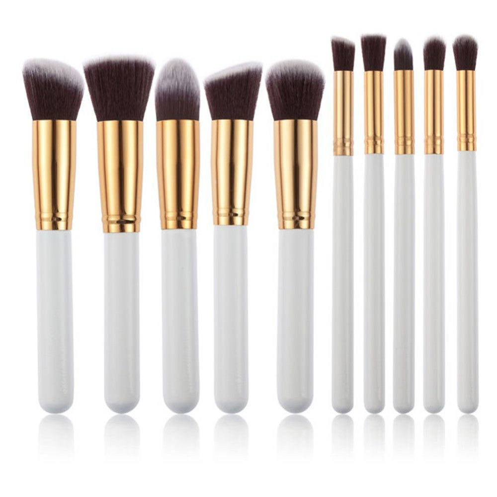 10-Piece White gold Makeup Brush Set - Large and Small Brushes for Professional Beauty Application V888-ELOSUNG25360
