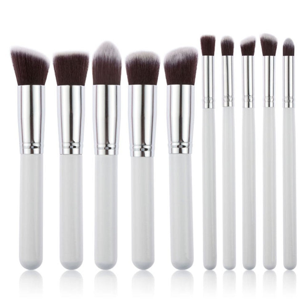 10-Piece White silver Makeup Brush Set - Large and Small Brushes for Professional Beauty Application V888-ELOSUNG25361