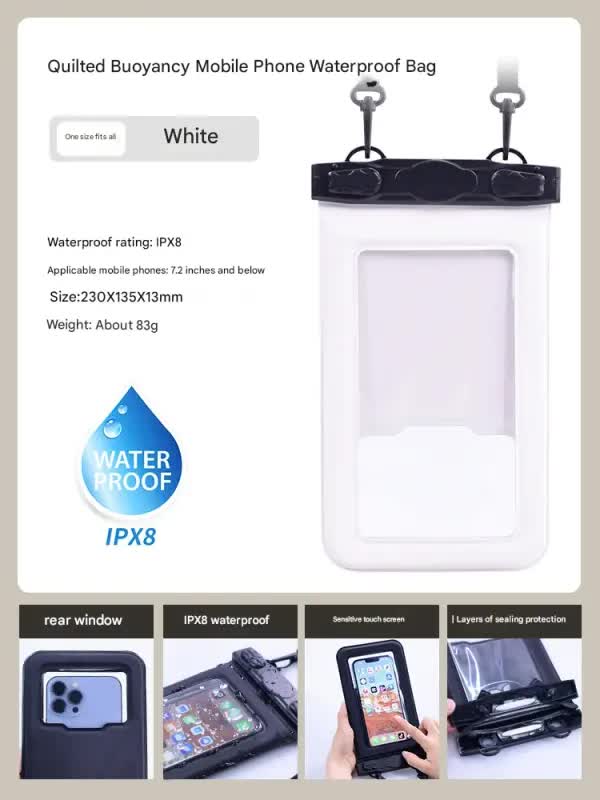IPX8 Waterproof Phone Pouch with Inflatable Floating Layer,Touchscreen Dry Bag for Swimming(white) V888-ELOSUNG25366
