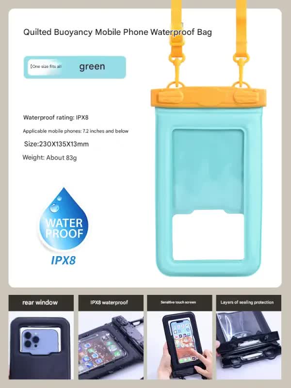 IPX8 Waterproof Phone Pouch with Inflatable Floating Layer,Touchscreen Dry Bag for Swimming(green) V888-ELOSUNG25367