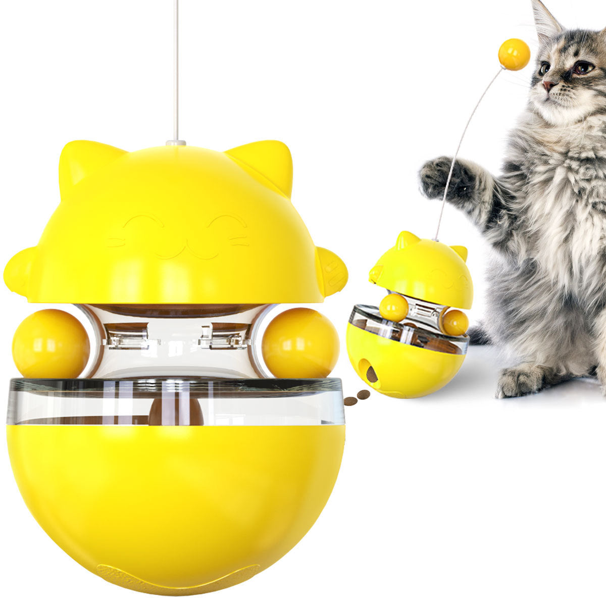 Cat Teaser Cup Toy, Interactive Treat Dispensing Ball with Wand (Yellow) V888-ELOSUNG25381