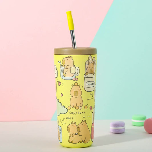 304 Stainless Steel Insulated Tumbler,Cartoon Design Portable Straw Cup for Home and Office(yellow) V888-ELOSUNG25384