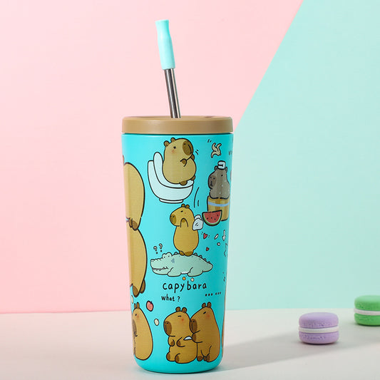 304 Stainless Steel Insulated Tumbler,Cartoon Design Portable Straw Cup for Home and Office(Lake blue) V888-ELOSUNG25385