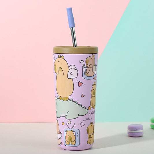 304 Stainless Steel Insulated Tumbler,Cartoon Design Portable Straw Cup for Home and Office(Lotus color) V888-ELOSUNG25386