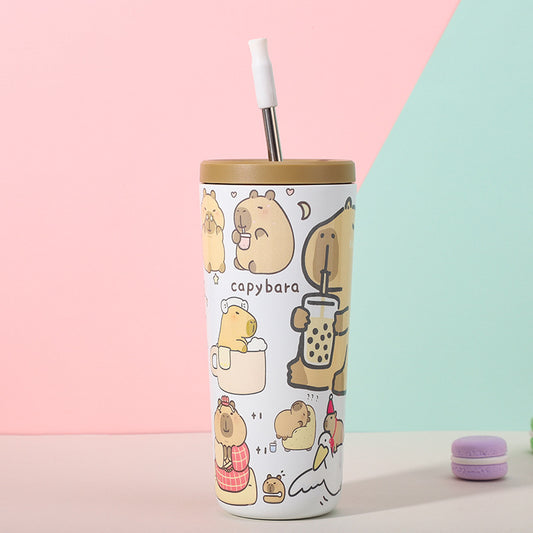 304 Stainless Steel Insulated Tumbler,Cartoon Design Portable Straw Cup for Home and Office(Light white) V888-ELOSUNG25387