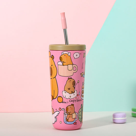 304 Stainless Steel Insulated Tumbler,Cartoon Design Portable Straw Cup for Home and Office(Pink) V888-ELOSUNG25388