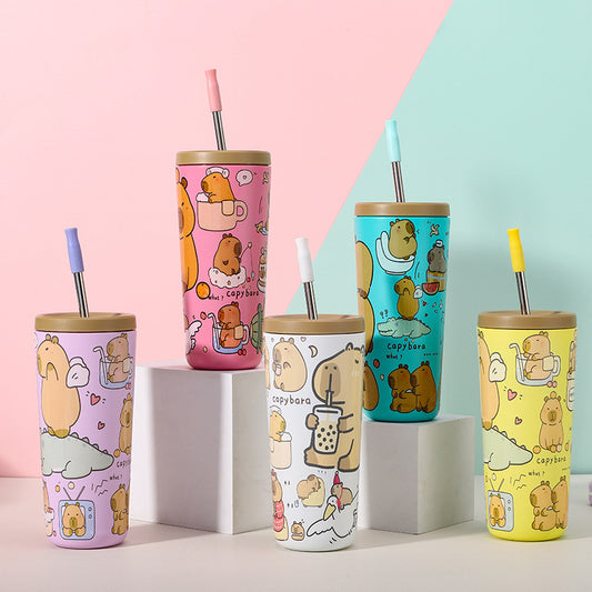 304 Stainless Steel Insulated Tumbler,Cartoon Design Portable Straw Cup for Home and Office(Pink) V888-ELOSUNG25388