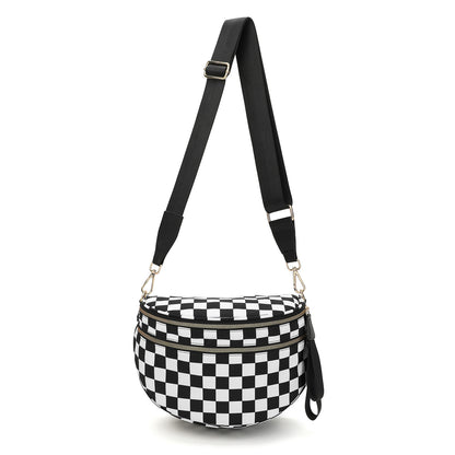 Oxford Cloth Crossbody Bag,Large Capacity Shell-Shaped Fanny Pack with Adjustable Strap(Black and white plaid) V888-ELOSUNG25399