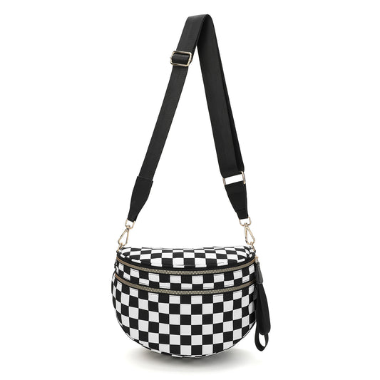 Oxford Cloth Crossbody Bag,Large Capacity Shell-Shaped Fanny Pack with Adjustable Strap(Black and white plaid) V888-ELOSUNG25399