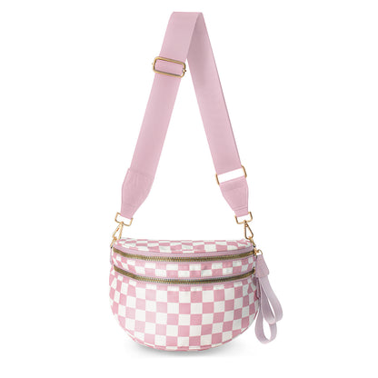 Oxford Cloth Crossbody Bag,Large Capacity Shell-Shaped Fanny Pack with Adjustable Strap(Pink and white plaid) V888-ELOSUNG25400