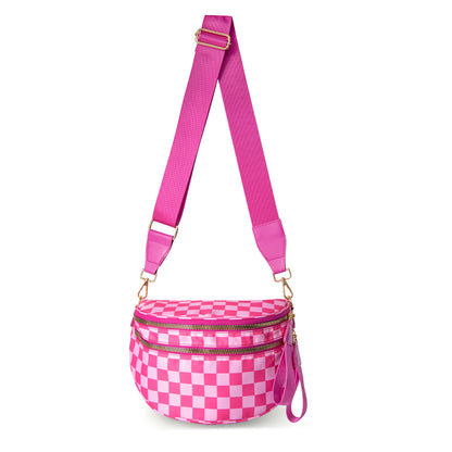 Oxford Cloth Crossbody Bag,Large Capacity Shell-Shaped Fanny Pack with Adjustable Strap(Rose red plaid) V888-ELOSUNG25404