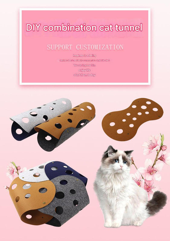 DIY Felt Cat Tunnel - Foldable Egg Roll-Shaped Pet Toy with Multiple Holes(Brown+Yellow) V888-ELOSUNG25412