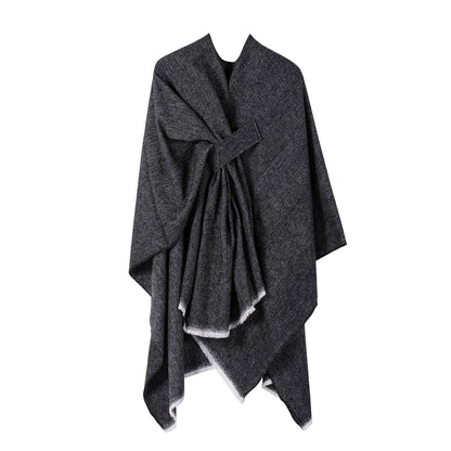 Solid Knit Poncho Shawl,Warm Fall/Winter Cape with Slit and Crossbar Design(Black) V888-ELOSUNG25425