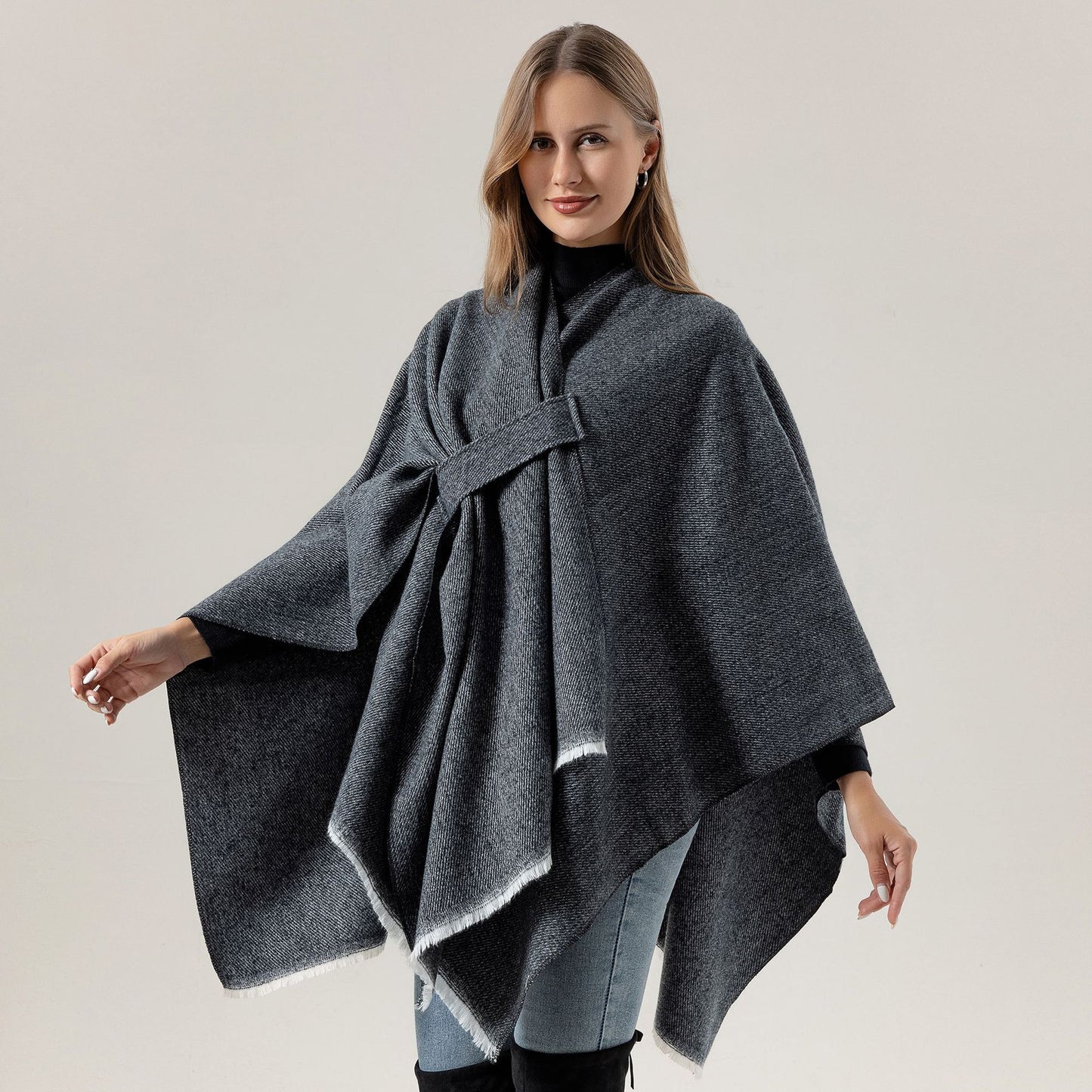 Solid Knit Poncho Shawl,Warm Fall/Winter Cape with Slit and Crossbar Design(Light gray) V888-ELOSUNG25427