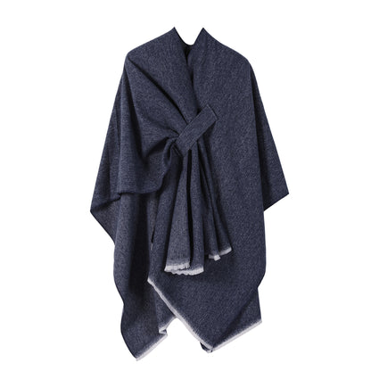 Solid Knit Poncho Shawl,Warm Fall/Winter Cape with Slit and Crossbar Design(Navy blue) V888-ELOSUNG25429