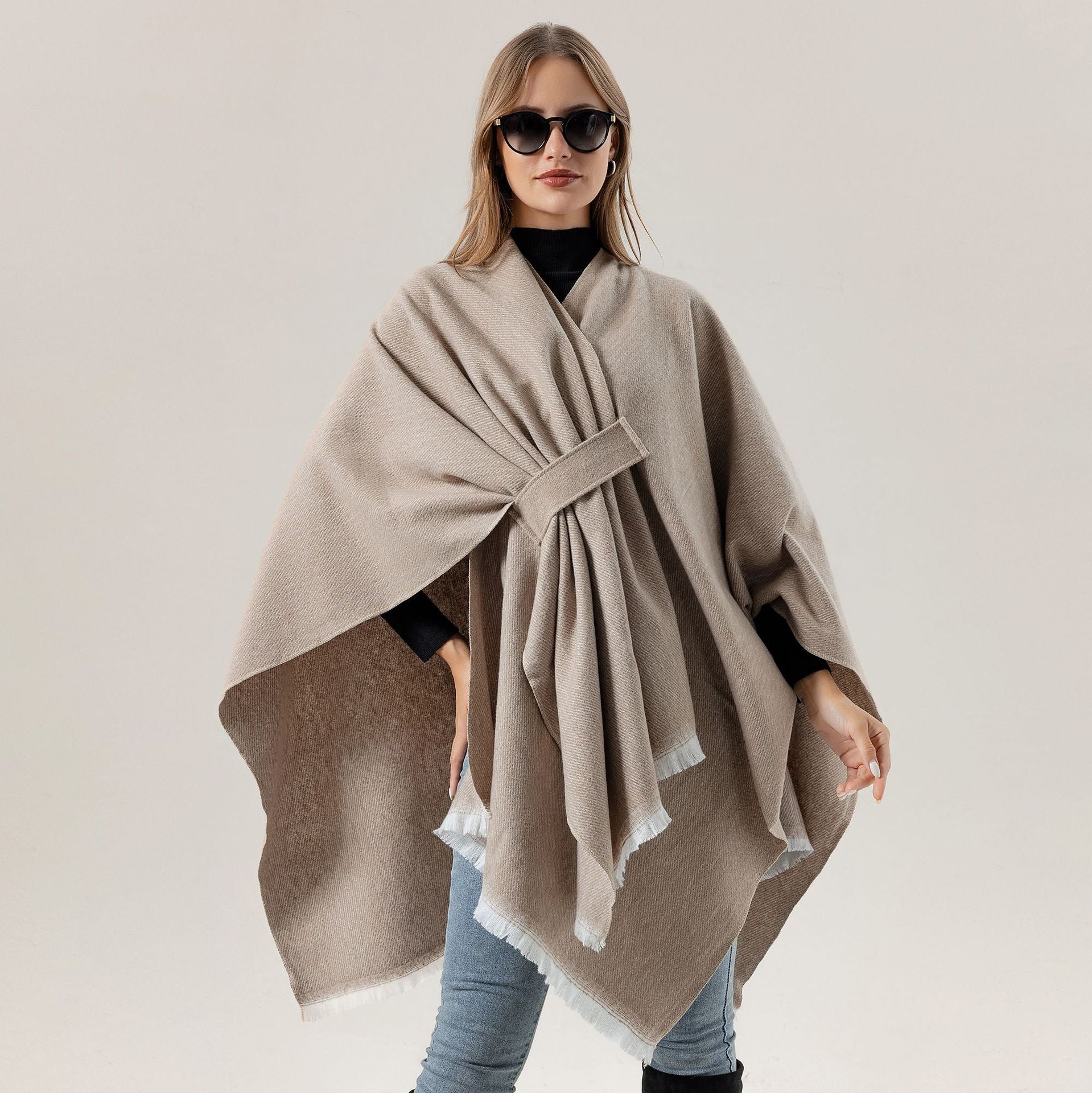 Solid Knit Poncho Shawl,Warm Fall/Winter Cape with Slit and Crossbar Design(Navy blue) V888-ELOSUNG25429