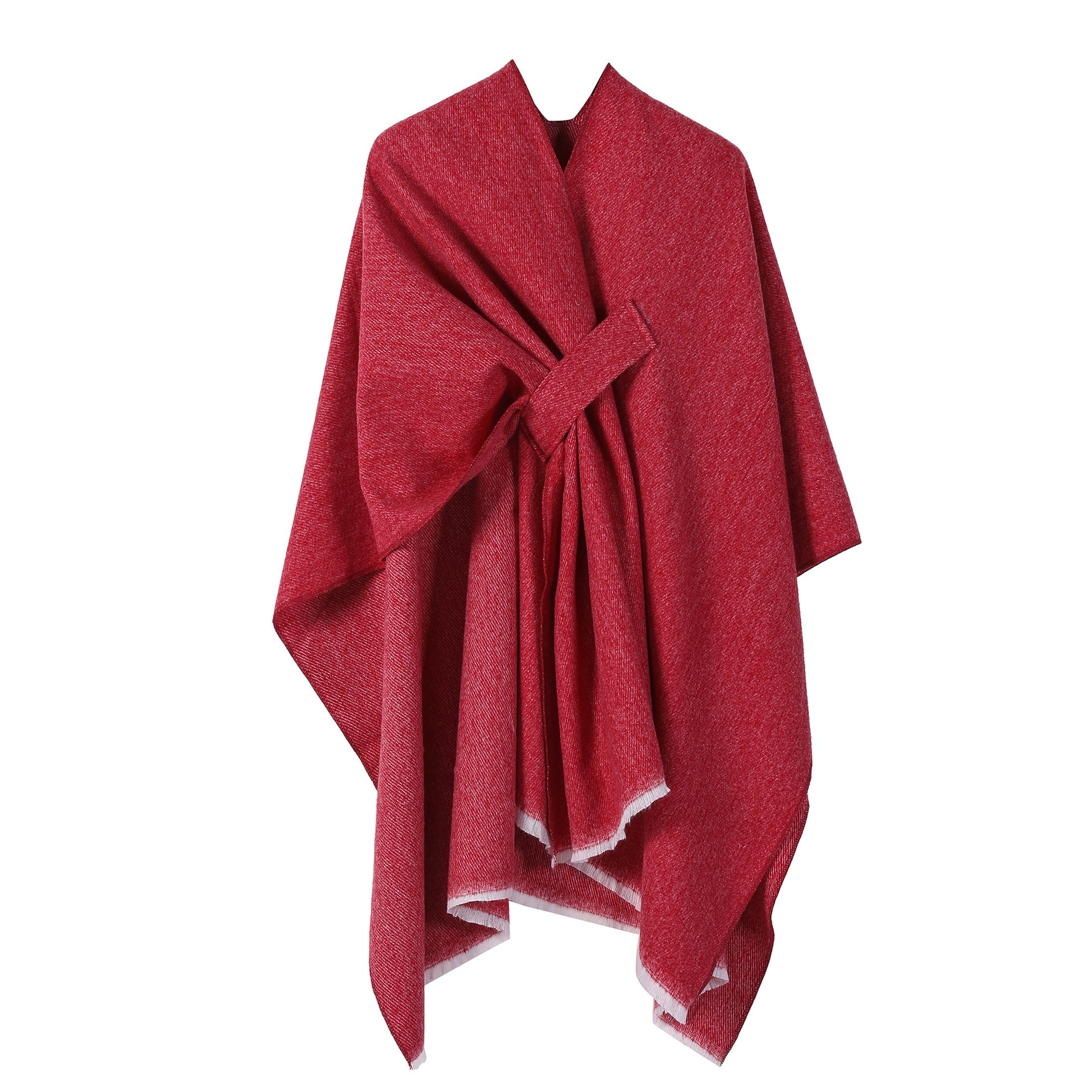 Solid Knit Poncho Shawl,Warm Fall/Winter Cape with Slit and Crossbar Design(Red) V888-ELOSUNG25431