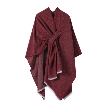 Solid Knit Poncho Shawl,Warm Fall/Winter Cape with Slit and Crossbar Design(Wine red) V888-ELOSUNG25432