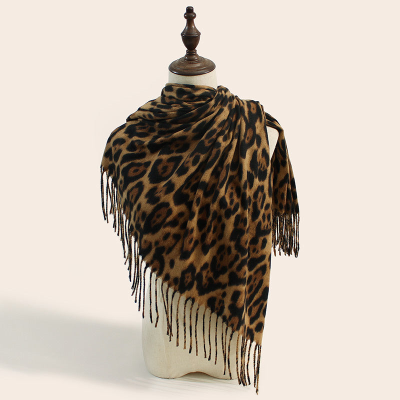 Stylish Animal Print Scarf - Warm Fall/Winter Shawl with Tassels, Imitation Cashmere(Khaki) V888-ELOSUNG25441