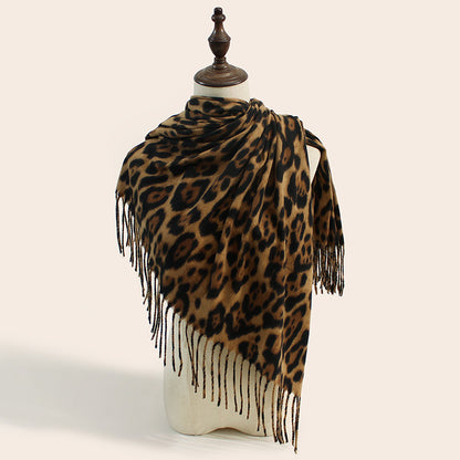 Stylish Animal Print Scarf - Warm Fall/Winter Shawl with Tassels, Imitation Cashmere(Khaki) V888-ELOSUNG25441