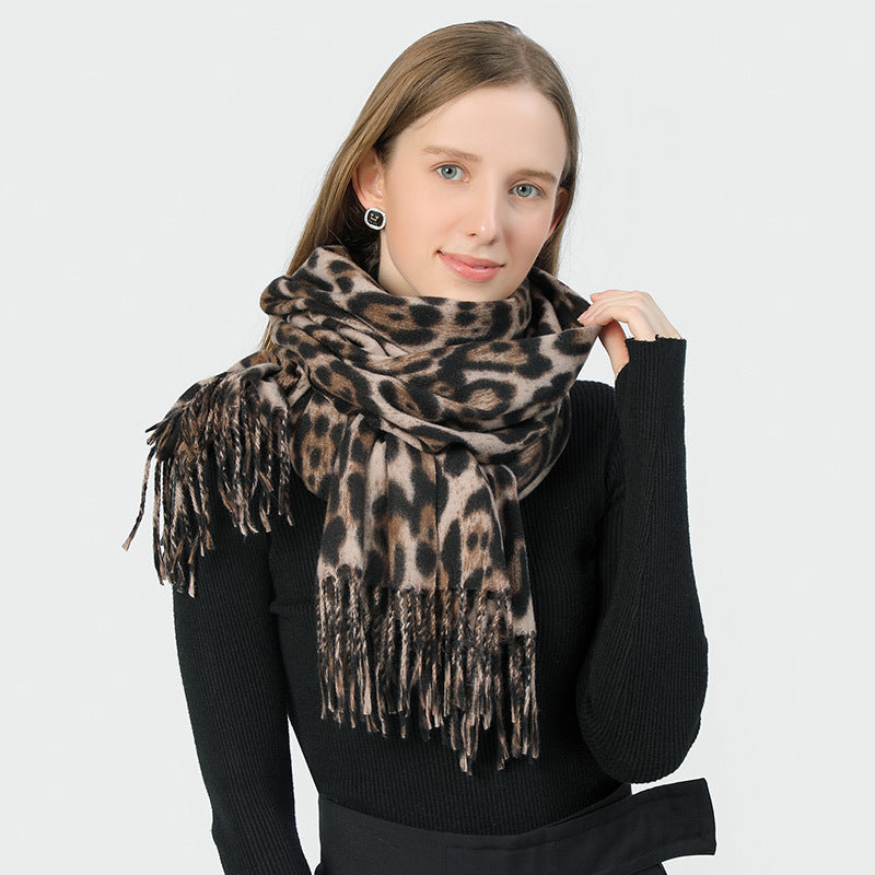 Stylish Animal Print Scarf - Warm Fall/Winter Shawl with Tassels, Imitation Cashmere(Khaki) V888-ELOSUNG25441